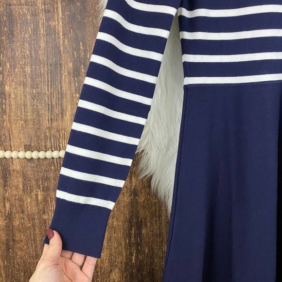Eliza J | Stripe Mock Neck Fit & Flare Dress Navy Medium - Picture 3 of 7